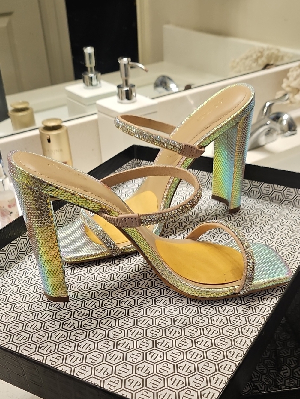 Aldo Iridescent Multicolor Strappy Block Heel Sandals